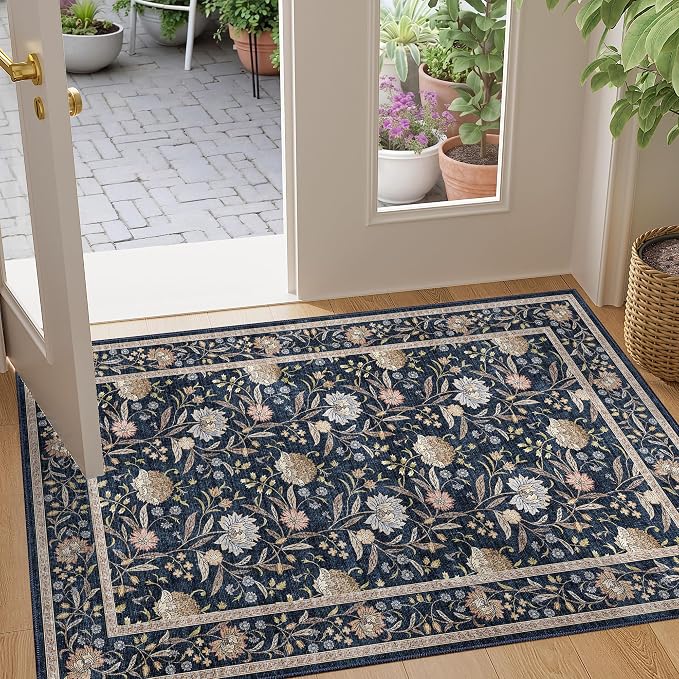 DUKINO 2x3 Rug, Washable Vintage Floral Bathroom Rugs Non Slip, Navy Blue | Low Pile, Stain Resistant Boho Soft Indoor Door Mat, Small Front Door Carpet for Entryway Kitchen Laundry Bedroom Farmhouse