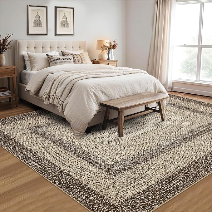 Large Bedroom Rug 6x9 Machine Washable Rug Braided Print Boho Throw Floor Cover Farmhouse Rustic Dining Room Carpet Geometric Bordered Braided Carpet for Living Room Home Office, Camel