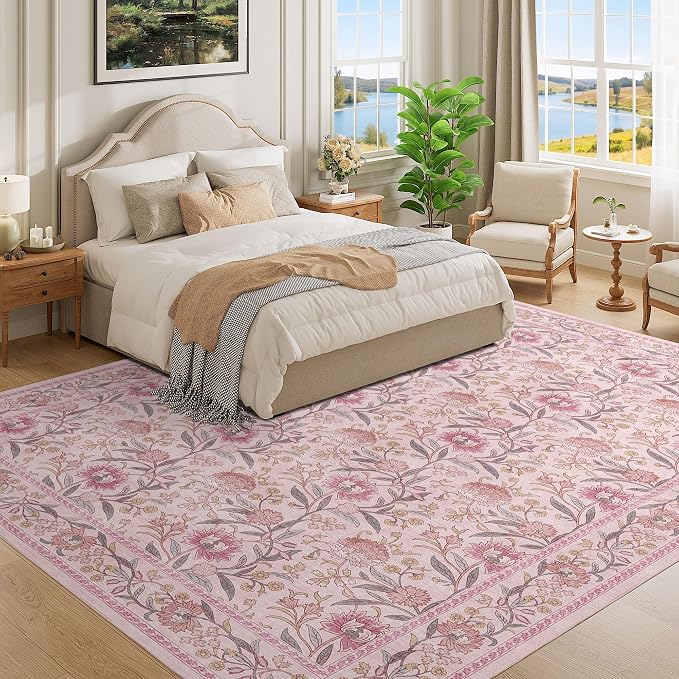 DUKINO 9x12 Area Rug for Living Room, Vintage Floral Washable Rug, Pink | Non Slip, Low Pile, Non-Shedding, Stain Resistant, Aesthetic Soft Indoor Large Carpet for Bedroom Dining Room Farmhouse