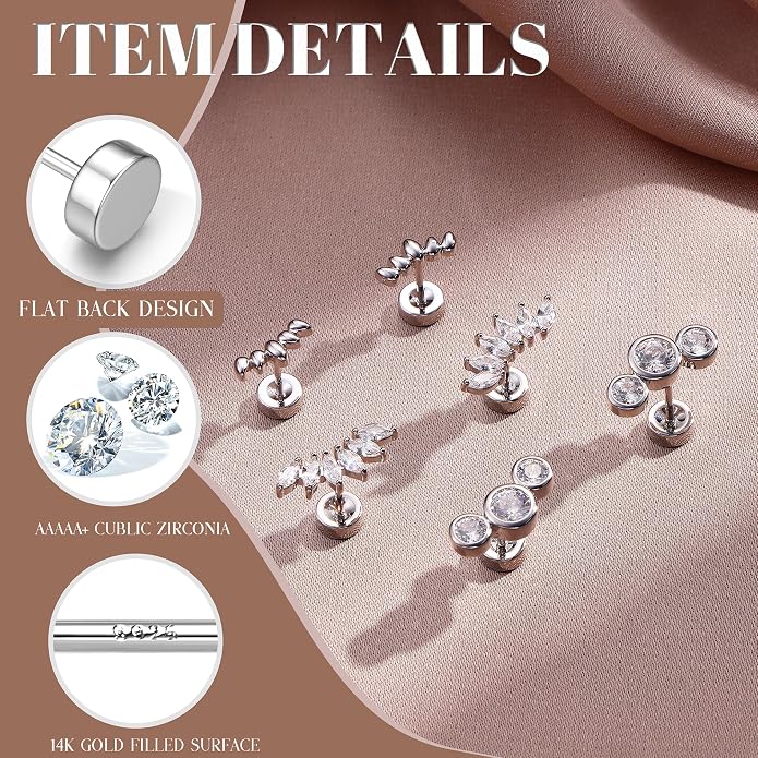 14K Gold Plated Solid 925 Sterling Silver Post Flat Back Earrings Stud | Cartilage Helix Conch Tragus Piercing Jewelry 3 Pairs Tiny Screw Dainty CZ Opal Earring Set Men Women