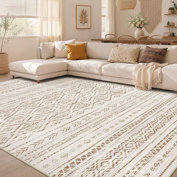 Nakagishi Area Rug Living Room Rugs: 10x12 Large Soft Machine Washable Boho Moroccan FarmNeutral Stain Resistant Indoor Floor Carpet for Bedroom Under Dining Table Home Office Decor-Brown