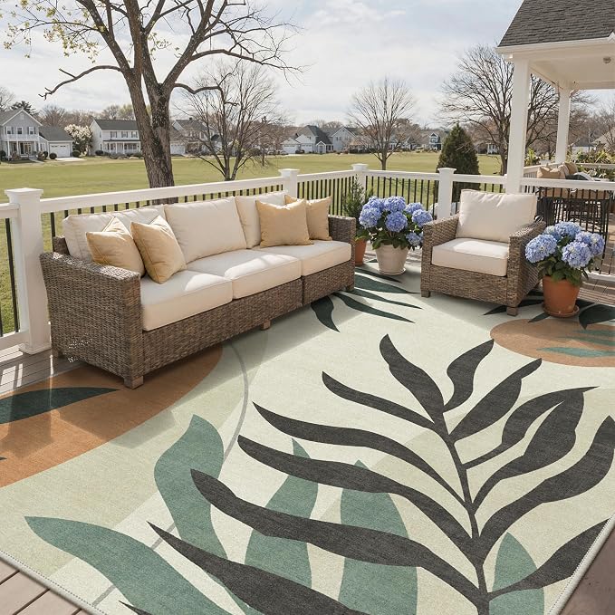 GENIMO 9x12 Outdoor Rug, Washable Quick Dry for Patio, Beige Olive | Botanical leaf design for gazebo; lightweight chenille with quick-dry non-slip backing for indoor dining area.