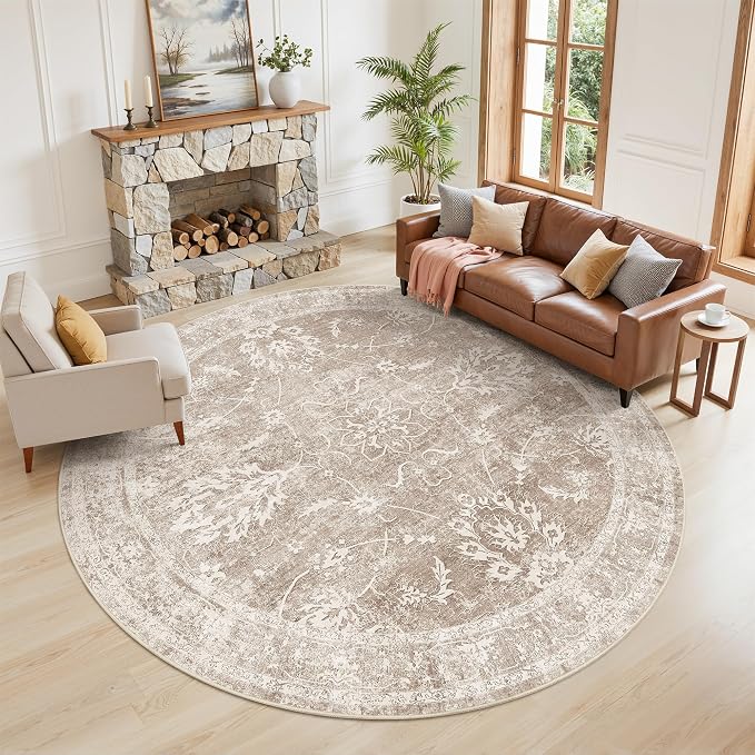 Madane Washable Round Rug 8ft for Living Room, Soft Ultra-Thin Non-Slip Vintage Floral Circle Area Rug, 8x8 Round Throw Carpet for Dining Room Nursery Bedroom Kitchen (Brown/Sand, 8'Round)