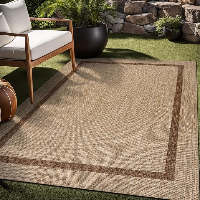 Luul Home Bordered Outdoor Rug 9x12 Washable Outside Carpet for Indoor Patio Porch Waterproof Easy Cleaning Non Shedding Area Rugs Jute Beige - Nut Brown 9 x 12