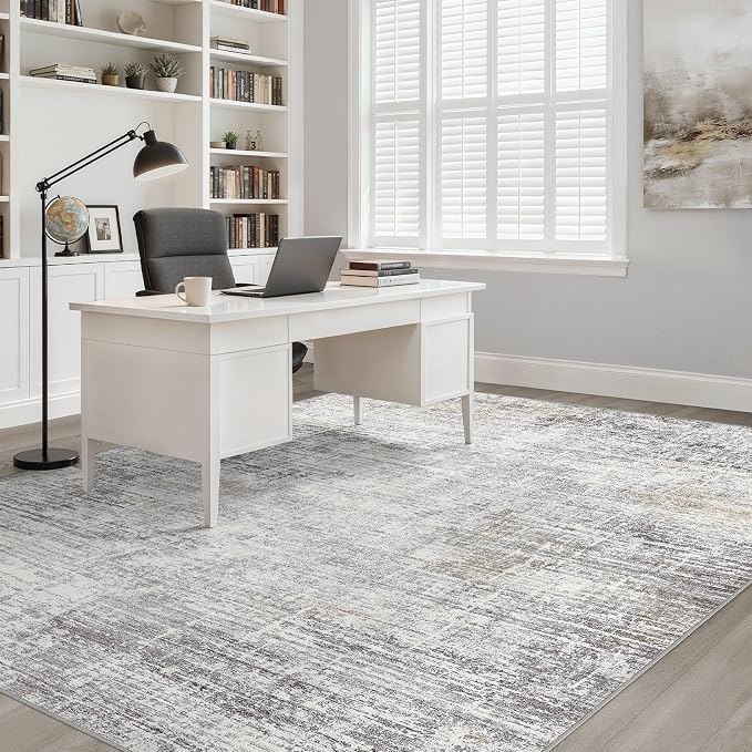 9x12 Area Rug Living Room: Washable Large Neutral Rug Abstract Soft Modern Stain Resistant Indoor Floor Non-Slip Carpet for Bedroom Nursery Kids Office Playroom Dining Room Under Table- Gray Beige