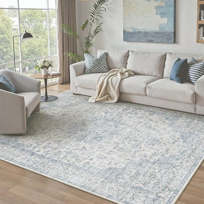 PureCozy 5x8 Area Rug Washable Neutral Blue Vintage Floral | Non Slip, Soft Low Pile, Indoor Carpet for Living Room, Bedroom, Dining Room, Coastal Decor