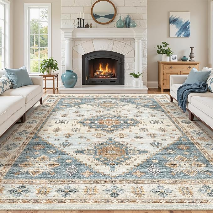 Roxstand 8x10 Washable Area Rugs for Living Room, Blue/Beige | Non-slip Backing, Low-Pile Carpet, Stain Resistant,Rugs for Living Room, Bedroom, Dining Room, Office