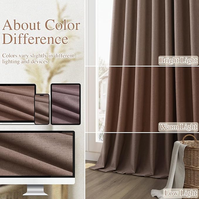 Guken 100% Blackout Curtains 84 Inch Length 2 Panels Set for Living Room Bedroom Back Tab Thermal Insulated Black Out Linen Drapes Room Darkening Mocha Mousse,52x84
