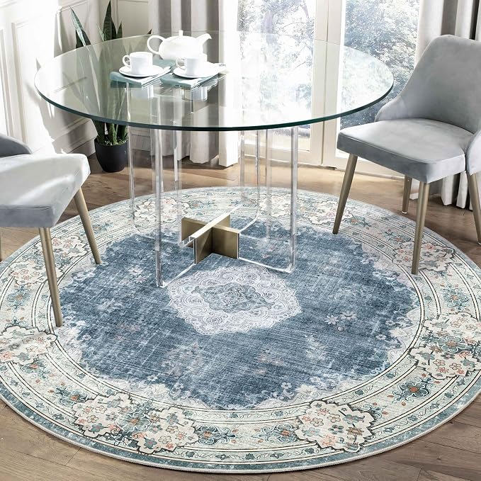 MUJOO Blue Round Rug 5ft,Circle Washable Area Rug Non Slip Low-Pile Floral | Circular Rugs for Bedroom Living Room Dining Room Bathroom Large Throw Carpet Soft Indoor Vintage Flowers Blue and Grey