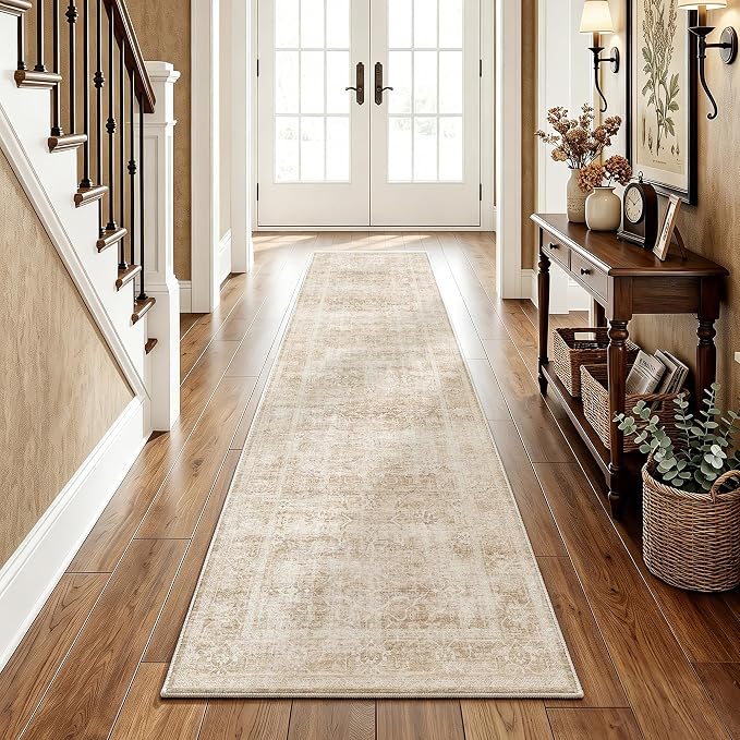 Beauoop 2x8 Hallway Runner Rug Washable Beige Neutral Vintage Distressed | Cream Retro Non Slip Low Pile Oriental Soft Thin Indoor Carpet Rug Entryway Entrance Kitchen Laundry Bedroom Bathroom Bedside