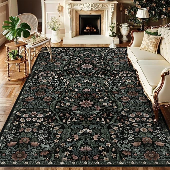 5×8 Black Washable Floral Area Rug,Vintage Boho Soft Low-Pile Living Room Rugs, Stain Resistant Botanical Non-Slip Carpet for Bedroom,Dining Room, Kids Nursery,Home Decor