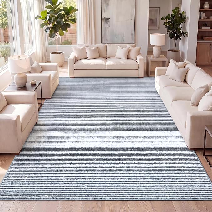 JONATHAN Y Cole Pinstripe High-Low Blue/White Indoor Area Rug, 4x6, Modern, Minimalist, Easy-Cleaning for Living Room, Bedroom, Kitchen, Pet Friendly, Non-Shedding (CAR101B-4)
