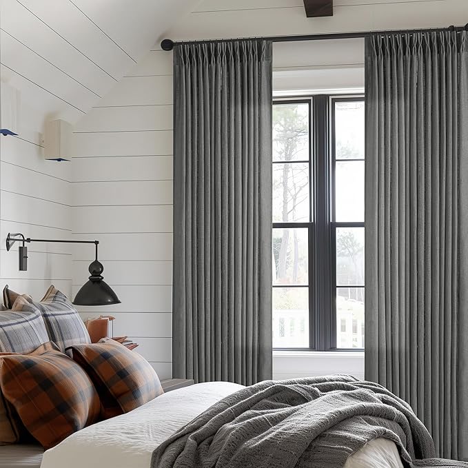 Dark Grey 80 Inch Pinch Pleated Linen Semi Sheer Curtains 2 Panel Set | for Living Room Dining Bedroom Office, Thick Linen Textured, Light Filtering, Pinch Pleat Drapes with Back Tab, Charcoal Gray