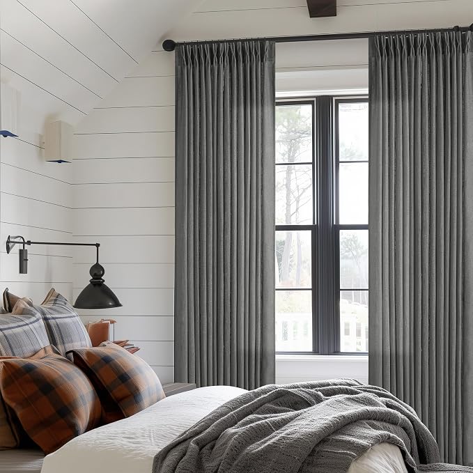TWODRAPES Dark Gray Linen Pinch Pleated Light Filter Curtains 102 Inches Long 2 Panels