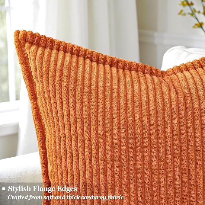decorUhome Fall Corduroy Burnt Orange Throw Pillow Covers 24x24 Set of 2 | Euro Sham Couch Decorative Soft Modern Boho Farmhouse Pillow Covers Broadside Striped Pillow Cases for Living Room Bed Sofa