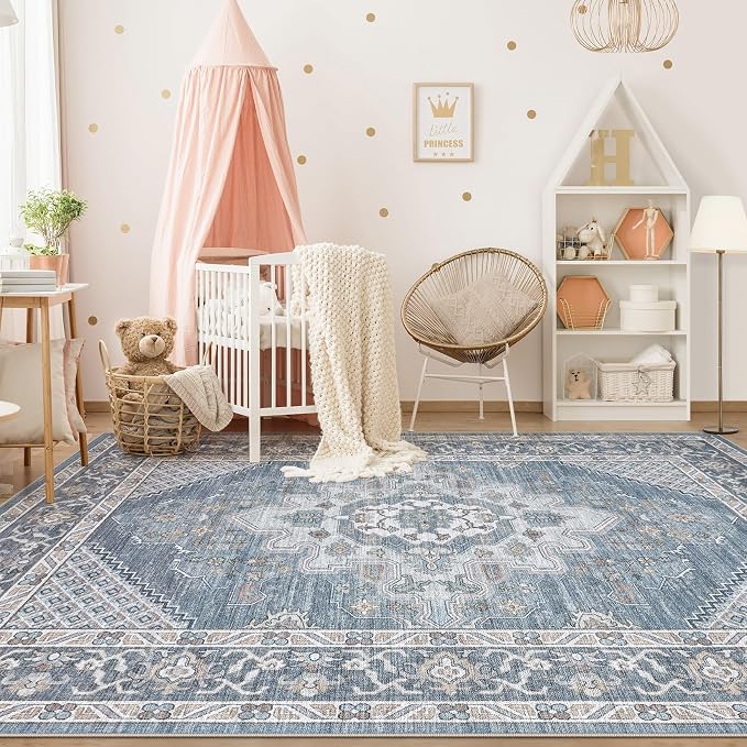 Tortania Area Rug Living Room Rugs - 10x14 Washable Boho Rug Vintage Oriental Distressed Farmhouse Large Thin Indoor Carpet for Living Room Bedroom Under Dining Table Home Office - Blue
