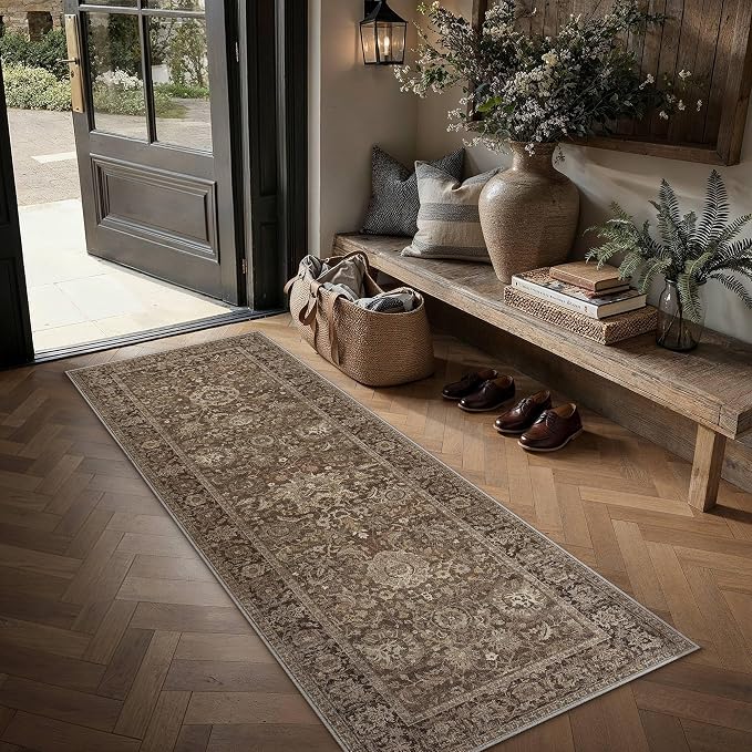 HUGEAR Entryway Rugs 2x5 Brown Washable Rug Neutral Vintage Rug Carpet Distressed Soft Durable Non Slip No Shedding for Indoor Hallway Bedroom Kitchen Dining Nursery Laundry