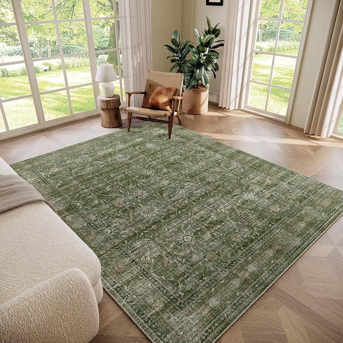 Boho Washable 5x7 Area Rugs for Living Room, Cushioned, Grass Green | Vintage Non-slip Rugs for Bedroom Dining Room Nursery Office, 0.3" Neutral Oriental Throw Thin Carpet, Grass Green/Multi