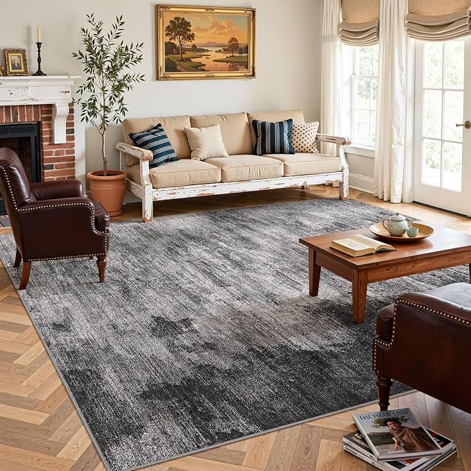 DMOYEST 10x12 Area Rug for Living Room Washable Abstract Rug with Low Pile Modern Neutral Soft Non Slip Indoor Carpet for Bedroom Dining Room Home Office-Dark Grey