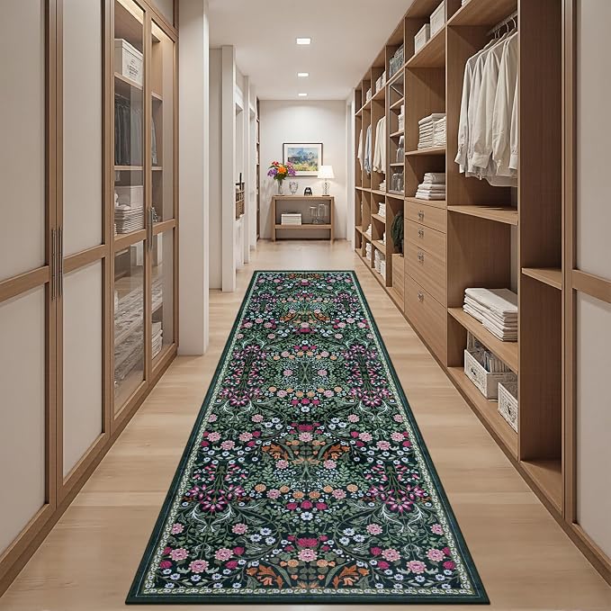 Runner Rug for Entryway: 3x10 Kitchen Rugs Non Slip Washable Ultra-Thin Soft Floral Carpet Indoor Floor Stain Resistant Carpets for Hallway Bedroom Kitchen Laundry Bathroom Dorm Dark Green
