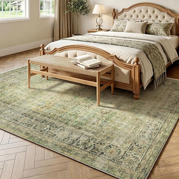 Beauoop 5x7 Washable Green Vintage Retro Large Area Rug for Living Room | Distressed Oriental Traditional Faded Non Slip Low Pile Thin Soft Indoor Throw Rug Pattern Bedroom Dining Room Office Nursery
