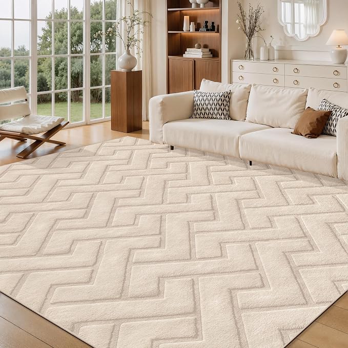 Ciicool 6x9 Large Area Rug for Living Room,Beige Washable High-Low Pile | Modern Textured Soft Fluffy Non Slip Carpet Non Shedding Geometric for Kids Bedside Bedroom Dining Room Office Indoor Decor