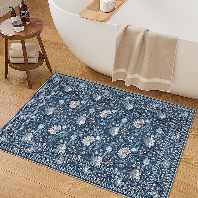 DUKINO 2x3 Rug, Washable Vintage Floral Bathroom Rugs Non Slip, Dark Blue | Low Pile, Stain Resistant Boho Soft Indoor Door Mat, Small Front Door Carpet for Entryway Kitchen Laundry Bedroom Farmhouse