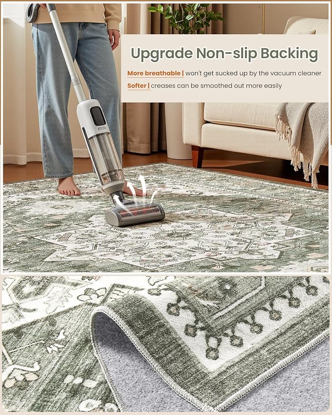 10x12 Vintage Area Rug: Washable Neutral Soft Non Slip Thin Large Floor Carpet for Living Room Bedroom Kitchen Dining Room Home Office Farmhouse Indoor - Green