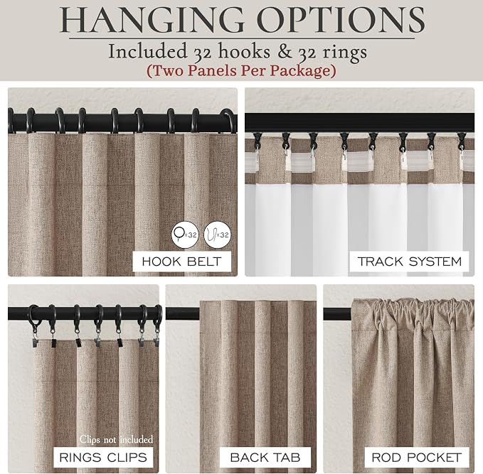 Dark Flax 100% Blackout Curtains 84 Inch Length 2 Panels Set Farmhouse Style for Bedroom Windows/Living Room Thermal Insulated Neutral Boho Drapes Linen Blend Chocolate 7ft Long Hook Belt Pleated