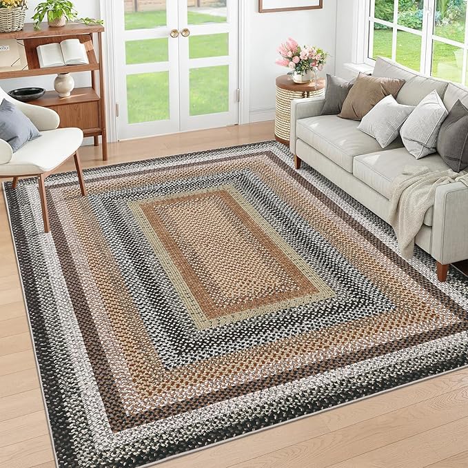 RUGSREAL Modern Rug for Entryway 3x5 Braided Area Rug Machine Washable Living Room Rug Non Slip Small Dining Room Throw Carpet Stain Resistant Farmhouse Rustic Mat for Bedroom Kitchen, Sand/Bronze