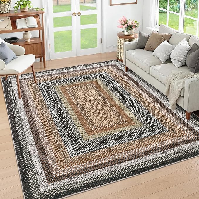 RUGSREAL 9x12 Braided Rug Washable Living Room Area Rug Modern Braid Printed Large Bedroom Carpet Dining Room Rug with Rubber Backing Farmhouse Accent Carpet for Home Decor Office, Sand/Bronze