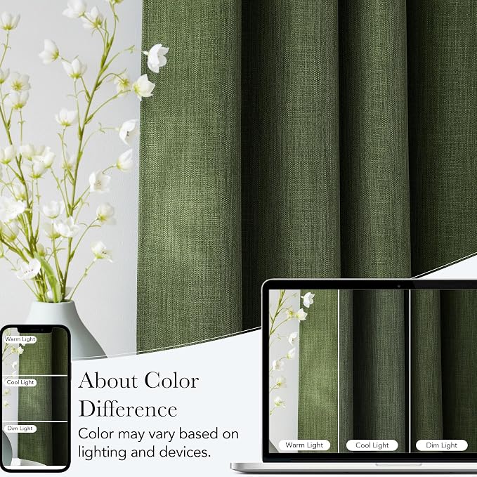 NICETOWN Froest Green Faux Linen Room Darkening Rod Pocket Curtains 63 inch Length, W42 x L63, Light Blocking Thermal Insulated Noise Reducing Drapes for Bedroom Living Room Farmhouse Decor, 2 Panels