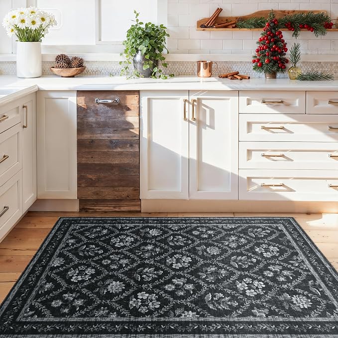 3x5 Black and White Floral Area Rug Ultra Soft Washable Modern Farmhouse Floral Entryway Rug Non-Slip Black Grey and White Vintage Boho Carpet for Dorms, Bedroom, Office, Dining Room Door Mat