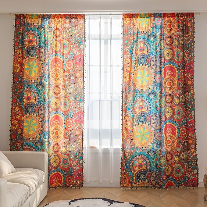 Boho Curtains Geometric Light Filtering Semi-Blackout Window Curtains 54 Inches Long Rod Pocket Drapes for Living Room 2 Panels-Dot Colorful