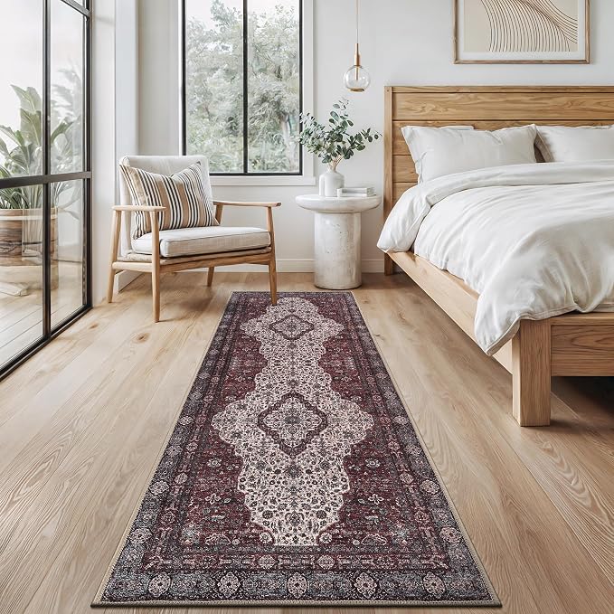 Bloom Rugs Washable Non-Slip 10 ft Runner - Red/Green/Cream Traditional Medallion Runner for Entryway, Hallway, Bathroom, and Kitchen - Exact Size: 2.5' x 10'