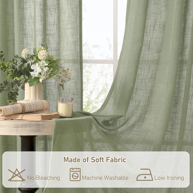 LAMIT Short Linen Window Curtains 30 Inches Long 2 Panels, Sage Green Semi Sheer Light Filtering Panels Back Tab and Rod Pocket Neutral Drapes for Basement/Small Windows, 34 x 30 Inch