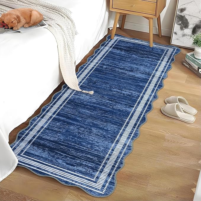 Garvee Scalloped Washable Runner Rugs for Hallway 2x6 Kitchen Runner Rug, Non Sip Bathroom Soft Rug Runner, Low Pile Modern Abstract Scalloped Indoor Carpet for Entryway Laundry Room Foyer, Navy Blue