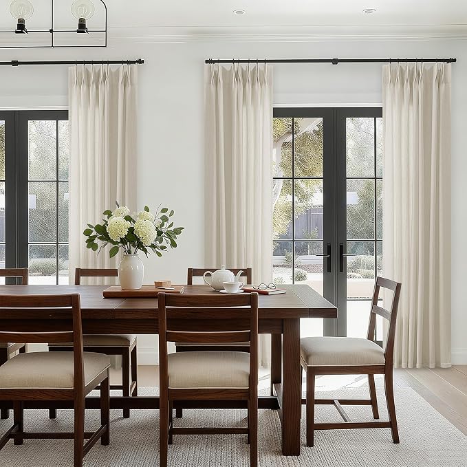 Pinch Pleated 105 Inch Linen Curtains with Hooks Rings Semi Sheer | Light Filtering, Custom, Memory Shape, Pleat Drape, 105 Inches, for Living Dining Room, Farmhouse, Grayish Beige Tan, 1 Panel