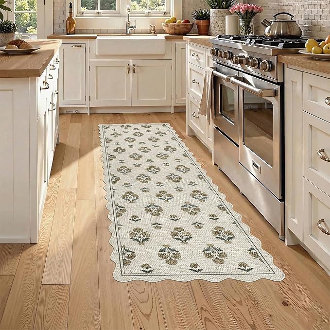 ORTIGIA Scalloped Easy Jute 2x6 Kitchen Runner Rug Vintage Yellow Block Floral Farmhouse Washable Rug Non-Slip Outdoor Carpet for Entryway Indoor Hallway Patio Laundry Room
