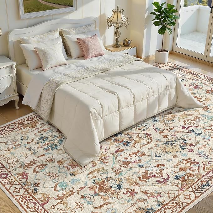 Deerly Beige Colorful Rugs 8x10 for Living Room Soft Non-Slip, Large Vintage Floral Area Rug Retro Tribal Farmhouse Stain Resistant Carpet for Bedroom Dining Room Office Guest Room