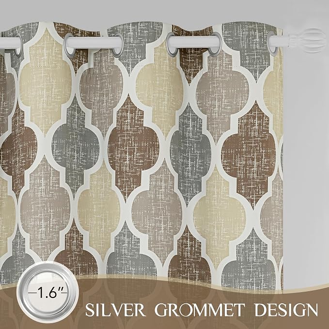 Beauoop Moroccan 100% Blackout Curtains Bedroom Brown Grey 50x108 2 Panels | Geometric Room Darkening Drapes for Living Room 108 Inch Long Thermal Insulated Soundproof Lattice Window Treatment Grommet