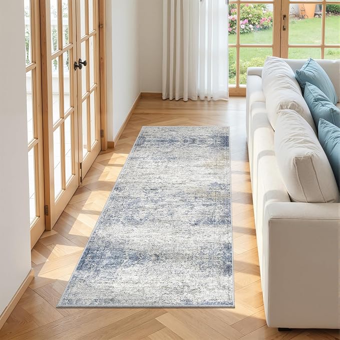 3x6 Runner Rug Non Slip,Washable Hallway Runner Rug,Blue | Neutral Rugs for Kitchen,Entryway,Bedroom,Bathroom,Nursery Room,Thin,Soft Runner Rug,Stain Resistant Indoor Carpet
