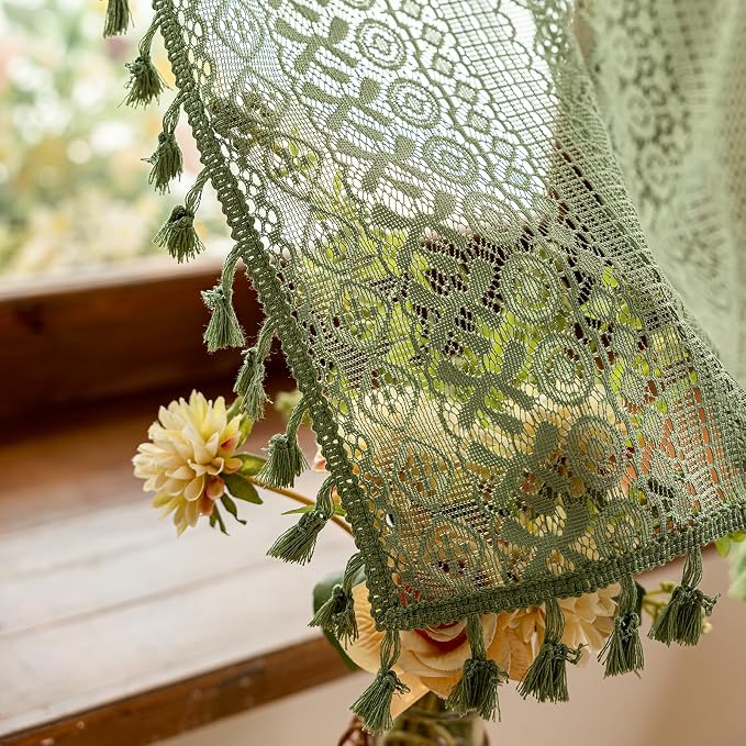 Sutuo Home Olive Green Boho Lace Curtains 2 Panels 45 Inch Long,Semi Sheer Small Window Curtains Drape for Kitchen Cafe Crochet Vintage Chic Tassels Bohemian Privacy Rustic Geometry Rod Pocket, 50" W