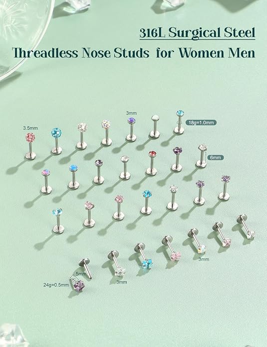 Nose Rings Studs Flat Back Earrings Hypoallergenic - Threadless Surgical Steel Nose Ring Studs Cartilage Earring Monroe Nostril Labret Medusa Tragus Conch Helix Piercing Jewelry for Women Men 28Pcs