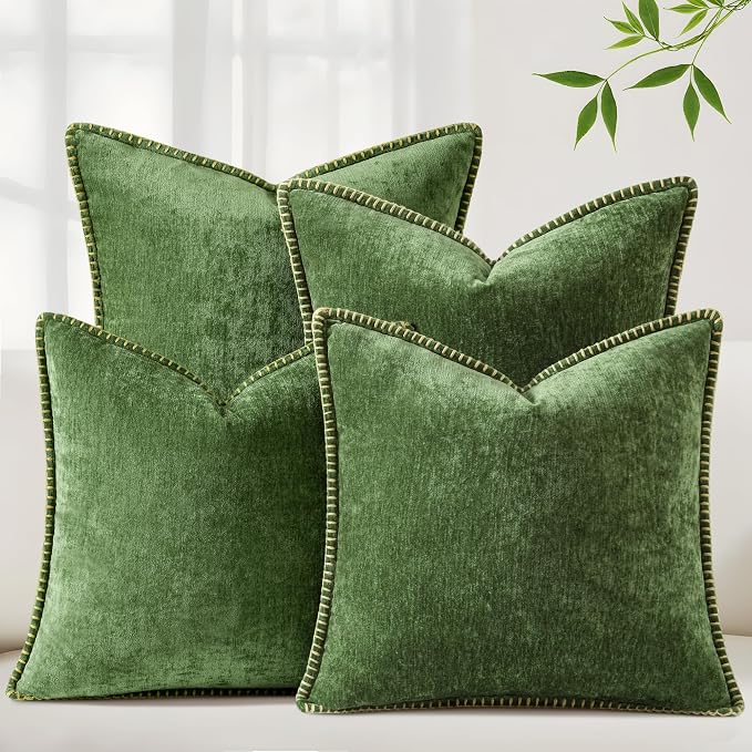 decorUhome Fall Soft Decorative Chenille Throw Pillow Covers 20x20 Set of 4 | Moss Green Cozy Decorative Modern Farmhouse Neutral Pillow Cases with Stitched Edge for Couch Sofa Bed Living Room Home Decor