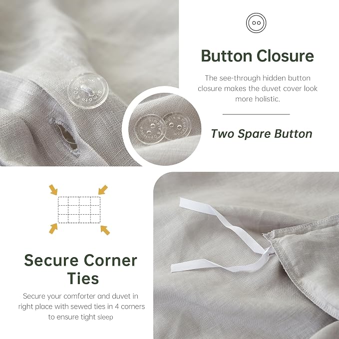 Simple&Opulence 100% Linen Duvet Cover Set, 3 PCS Natural French Flax Light Grey Duvet Cover King Size, Breathable Soft Comfy Linen Bedding Comforter Cover with 2 Pillowcases(Light Grey, 104" x 92")