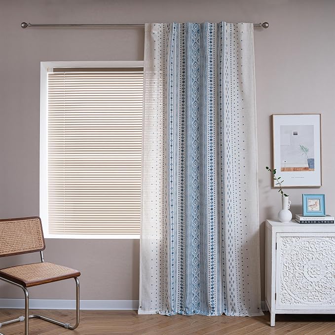 MYSKY HOME Boho Curtains Semi Sheer Linen Blended Curtains 95 Inches Long for Living Room Stripe Patterned Farmhouse Curtains Light Filtering Privacy Back Tab Drapes, 50'' Wide, Blue, 2 Panels