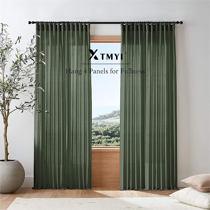 XTMYI Olive Green Closet Door Curtain for Open Closet, Boho Semi Privacy Linen Sheer Accordion Doors Doorway Curtain Tapestry, 40 Inch Wide, 78 Inch Length 2 Panels Set