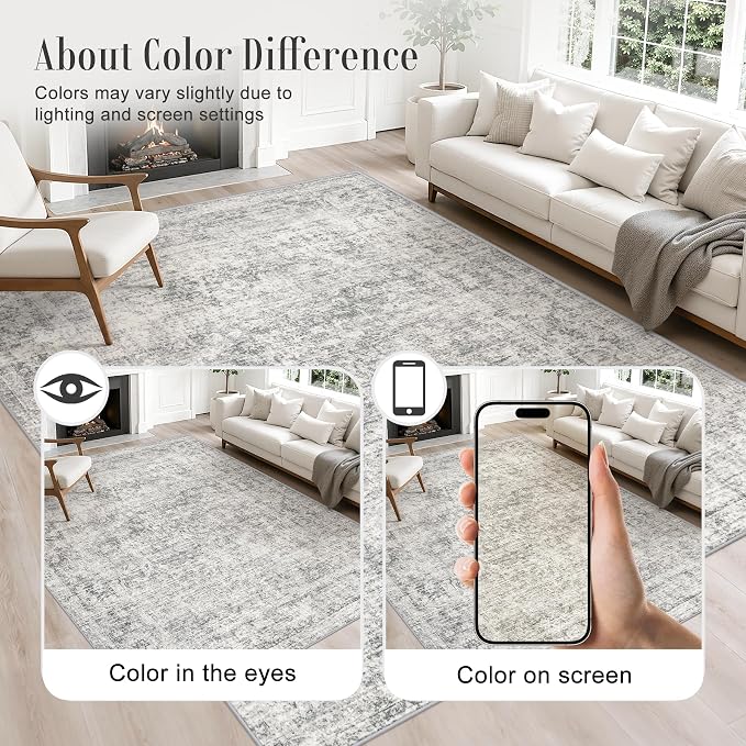 9x12 Area Rug Living Room Rug: Washable Modern Abstract Soft Thin Rug Indoor Floor No Slip Carpet for Bedroom Dining Room Farmhouse Nursery Home Office - Retro Black Grey
