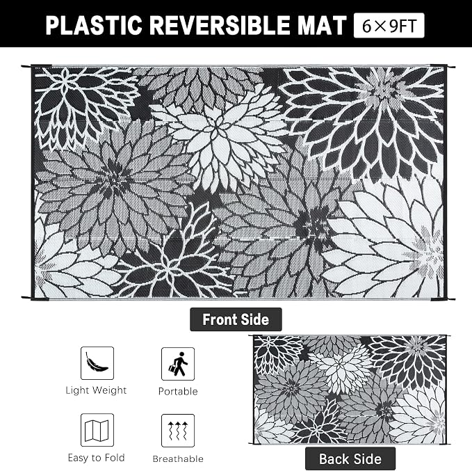HUGEAR 6'x9' Outdoor Rug Waterproof Plastic Straw Rugs Black Reversible Floral Mat Floor Carpet for Camping RV Deck Entryance Porch Picnic Balcony Beach Backyard